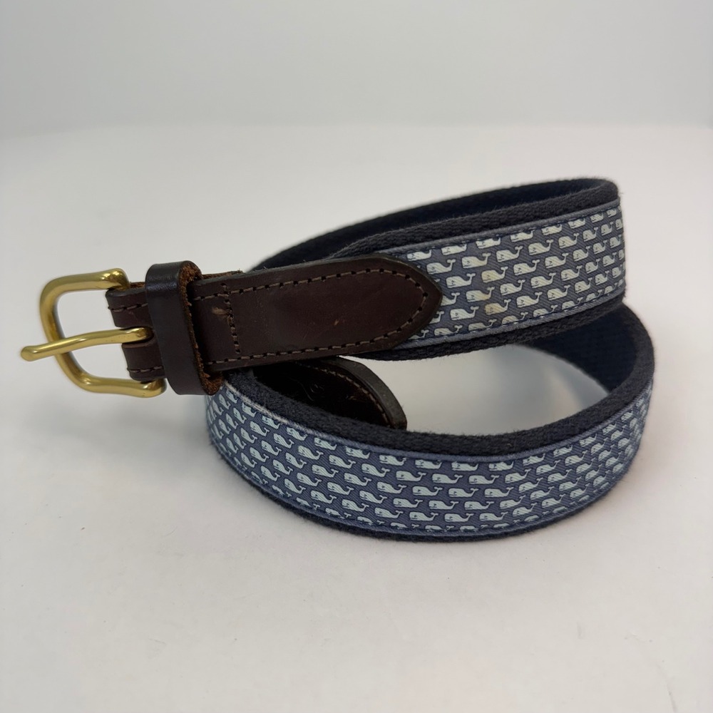 Vineyard Vines Mens Canvas Whale Club Belt Navy Blue Leather Size 30 Made in USA